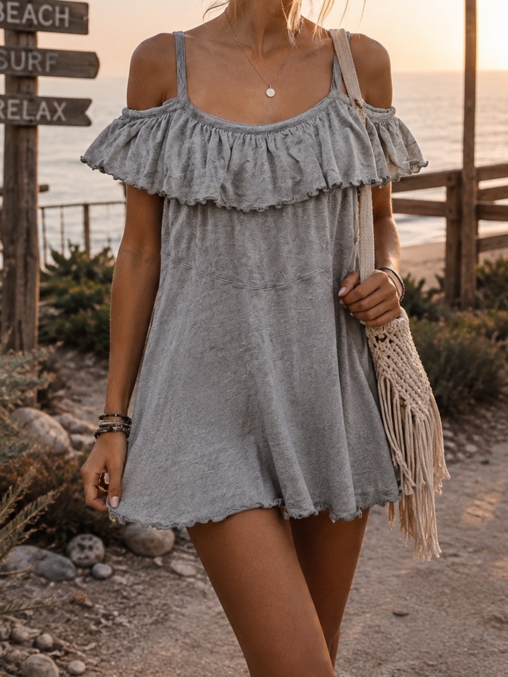 Free People Beach Linen Blend Off Shoulder Ruffle Tunic Mini Dress Small
